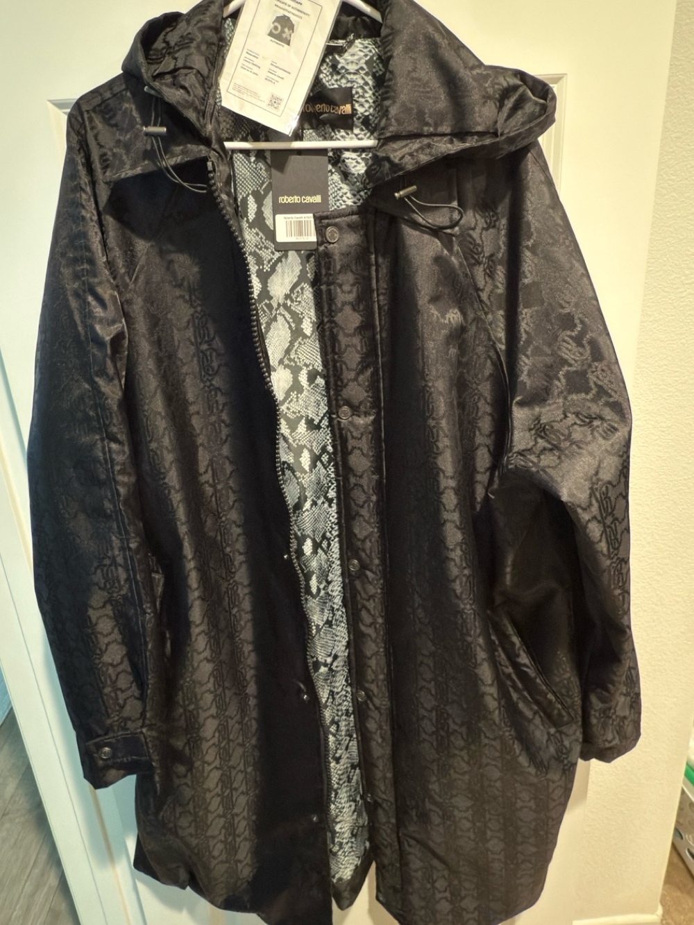 Roberto Cavalli Black Hooded Trench with Snakeskin-Patterned Lining